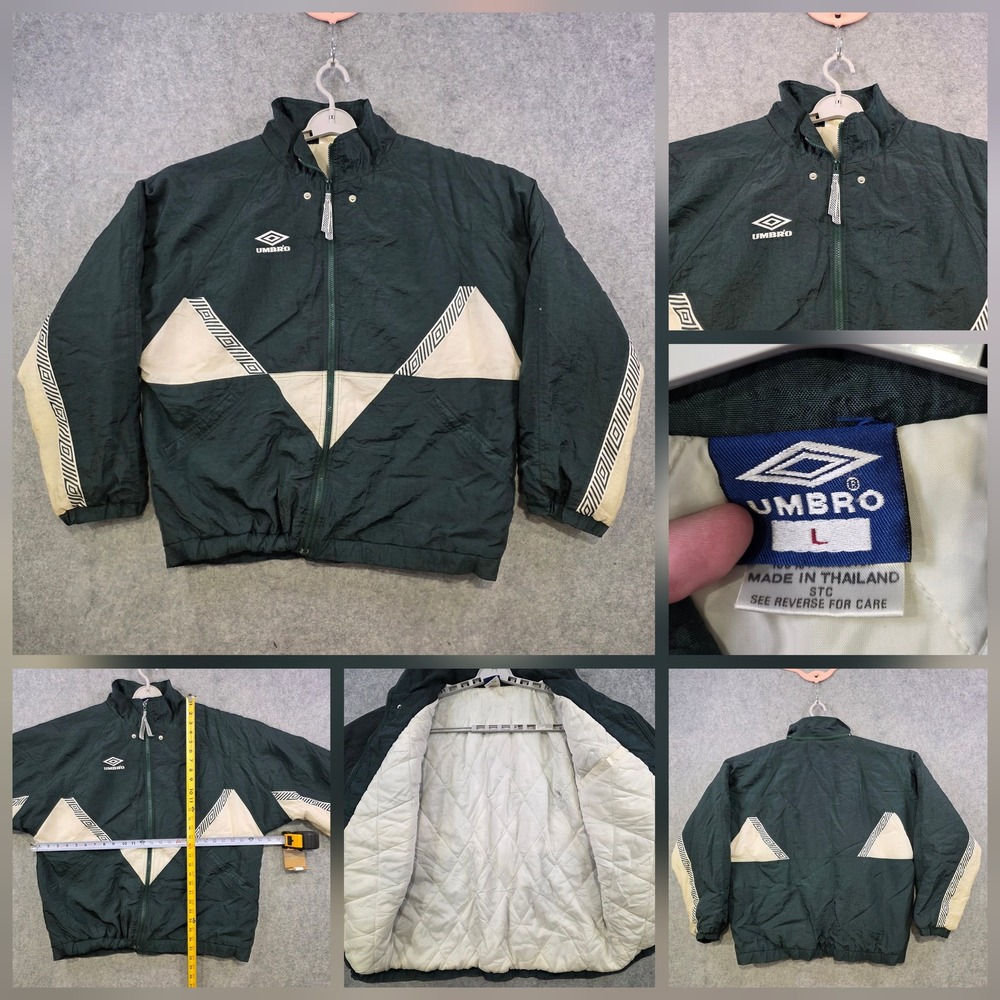 Vintage 90s Umbro Windbreaker Jacket Mens Large Green Colorblock Soccer Quilted